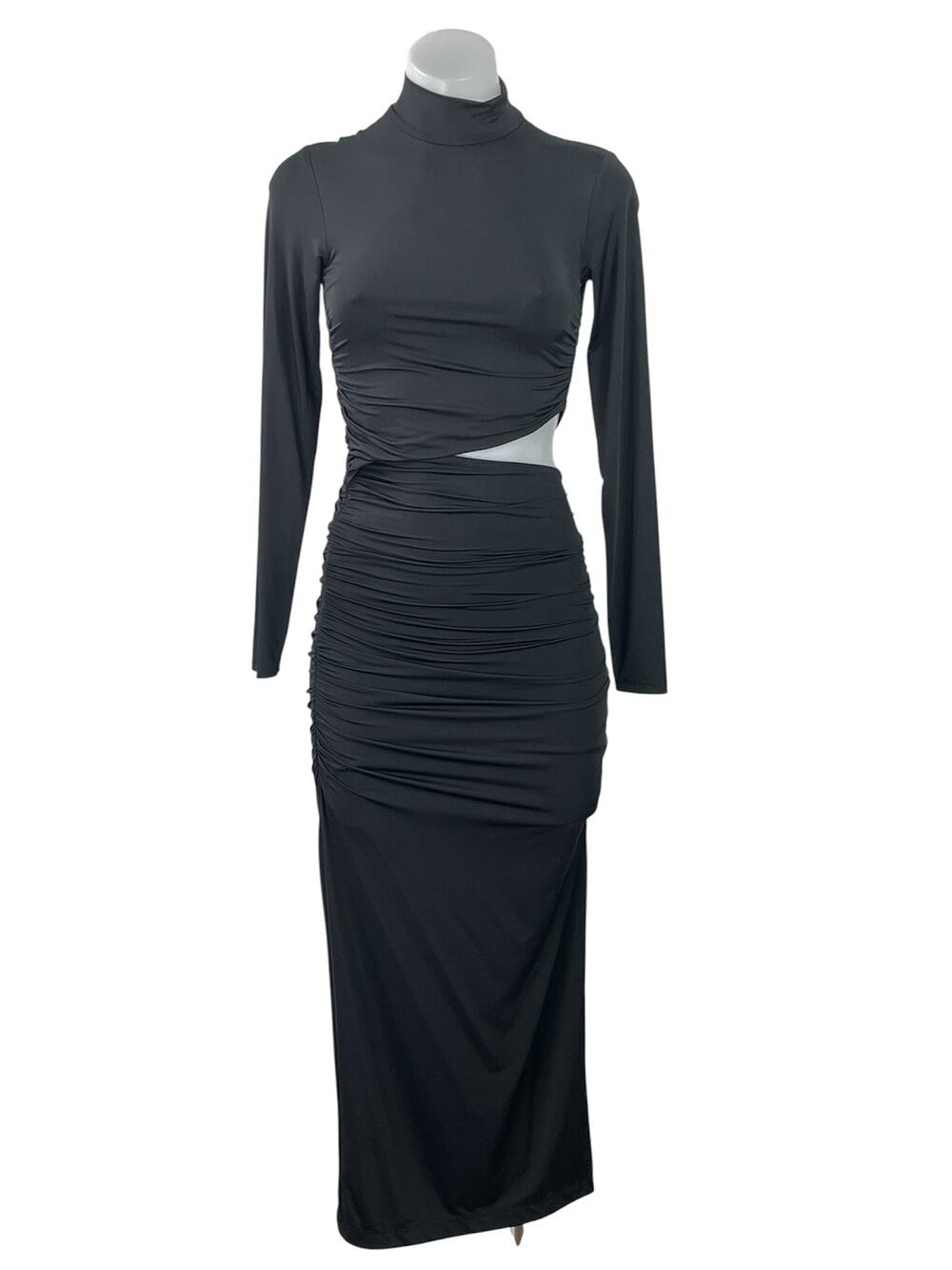 Zara Women's Black Long Sleeve Cutout Waist Mock Neck Maxi Bodycon Dress Size 2